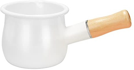 Ocnvlia Emaille-Milchpfanne, Mini-Butterwärmer, 10 cm, emailliert, Kochgeschirr mit Holzgriff, perfekte Größe zum Erhitzen kleinerer flüssiger Portionen. (Weiß)