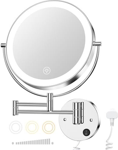 Gospire 9 Wall Mounted Lighted Makeup Vanity Mirror with 3 Color Lights & Stepless Dimming, 1X/10X Magnifying LED Double Sided Bathroom Touch Sensor Extendable Arm 360° Swivel Shaving Cosmetic Mirror