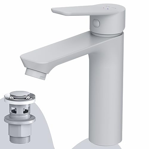 Waschtischarmatur Weiß Matt mit Klick-Ablaufgarnitur, Einhebel-Waschtischmischer Kurzer Auslauf 100mm, Mischbatterie Pop-Up Ventil, Einhebelmischer mit Ablaufgarnitur Waschbecken, AM.PM Hit FTA82133