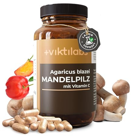 Viktilabs© Mandelpilz - Agaricus blazei - Kapseln hochdosiert - 400mg Mandelpilz Extrakt + 110mg Pulver pro Kapsel | Vitamin C aus Acerola-Kirschen | 2-Monats-Vorrat | Entwickelt in Deutschland