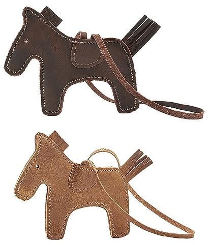 Craoopii Niedlicher Pferde-Taschen-Anhänger, handgefertigt, echtes Leder, Quaste, Pony-Schlüsselanhänger, Nähen, Pferd, modisches Taschenzubehör für Frauen, 2 Stück, 4.52 × 0.19 × 3.66