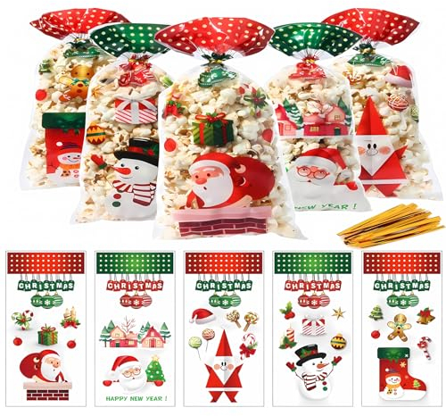 ZHOUHON 100 Stück Plätzchentüten Weihnachten,Kekstüten Transparent,CellophantüTen Und 120 StüCk Goldband,Weihnachtstüten zum Befüllen,Kleine für Süßigkeiten (Weihnachten-2)