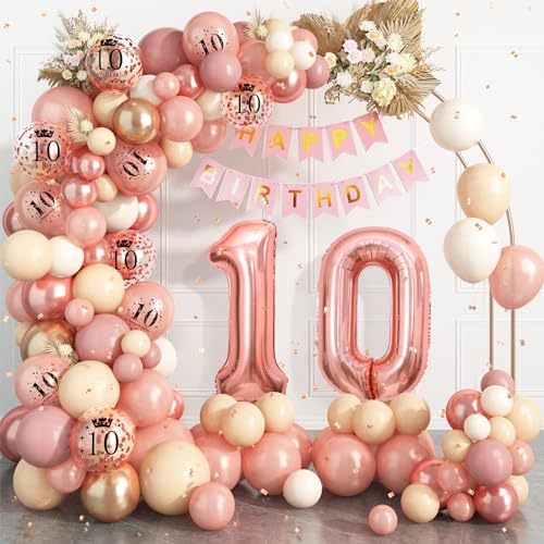 10th Birthday Decorations for Girls,Rose Gold 10th Birthday Balloon Arch Garland Kit With Happy 10th Birthday Number 10 Foil Balloons,Happy Birthday Banner for 10th Birthday Party Decoration
