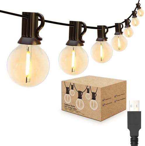 IKERY USB-Garten-Lichterkette, 15 m, warmweiß, 25 + 1 COB-Globus-Leuchtmittel, IP65 wasserdicht, festliche Lichter für den Innen- und Außenbereich, für Pavillon, Weihnachten, Hinterhof, Party,