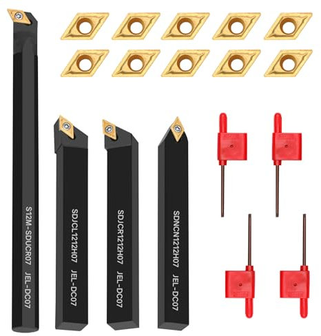 Indexable Lathe Turning Tool 1/2 12mm Shank 14PCS Kit-4PCS Metal Lathe Tools Holder 10PCS DCMT21.51 Carbide Insert for Grooving Turning Boring SDNCN12120H07/SDJCR1212H07/S12M-SDUCR07/SDJCL1212H07