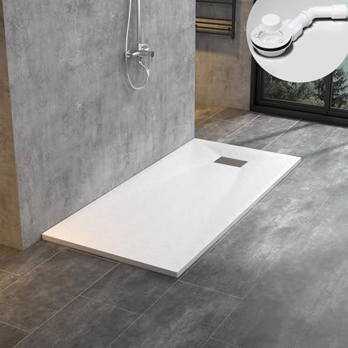 WITEN&NOCK SMC Duschwanne 160x90cm weiß Brausewanne Duschtasse extra flache Steinoptik Antirutsch inkl. Abdeckung und Ablaufgarnitur Ø90mm Siphon