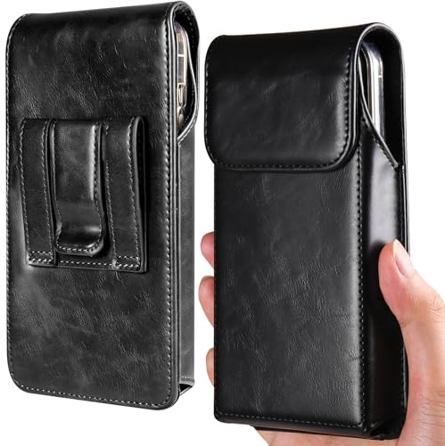 Miimall Phone Holster for iPhone 17, 17 Pro, 16e, 16, 16 Pro, 15 Pro, Samsung Galaxy S26 S25, S24, [Magnetic Closure] [Belt Loop Clip] Leather Pouch Phone Holder Case, Black