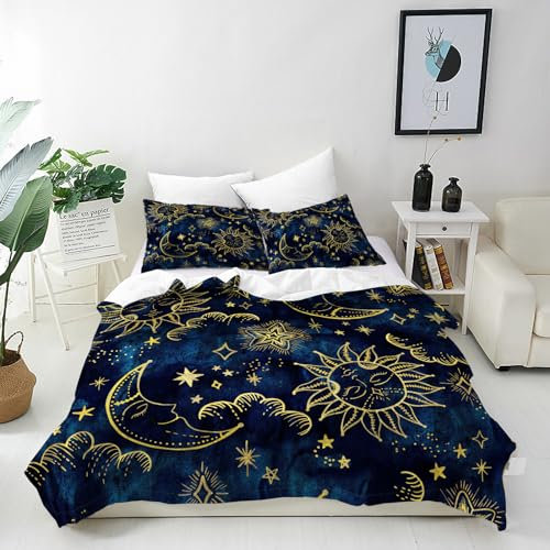 ANHOPE Astrologie Sonne Mond Sterne Bettwäsche Set 3 Teilig Weich Bettbezug 240x220 cm & 2 Kissenbezug 80x80 cm Microfaser Bettbezüge Set mit Reißverschluss Ganzjahres Bettdeckenbezug Set