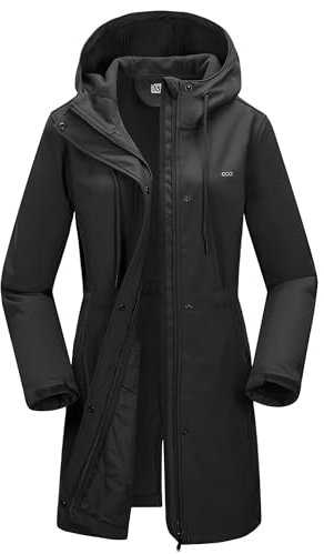 33,000ft Women’s Softshell Jacket with Hood Waterproof Ladies Functional Jacket Fleece Lined Windbreaker Breathable Raincoat Hooded Long Coats for Cycling Hiking Outdoor Black 4XL
