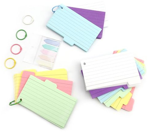 Vokabelkarten 300 Stück Karteikarten mit 6 Ring, Lernkarten 6 Farben, Karteikarten Blanko, Aufkleber mit Pfeil, für Schule, Zuhause, Lernen Notizen (130 x 70 mm)