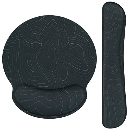 Ksriylm Cute Mouse Pad Wrist Support Keyboard Wrist Rest Set, Ergonomic Mouse Pad with Non-Slip Base for Office Gaming Working Computers,Easy Typing & Pain Relief Mouse Mat,Black Topographic Contour