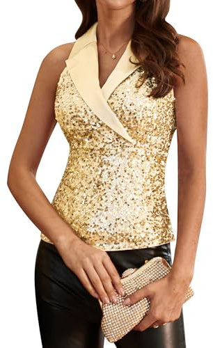 GRACE KARIN Damen Glitzernde Pailletten Ärmellose Tops Pailletten V-Ausschnitt Schimmer Weste Tank Top Sekt Pailletten L