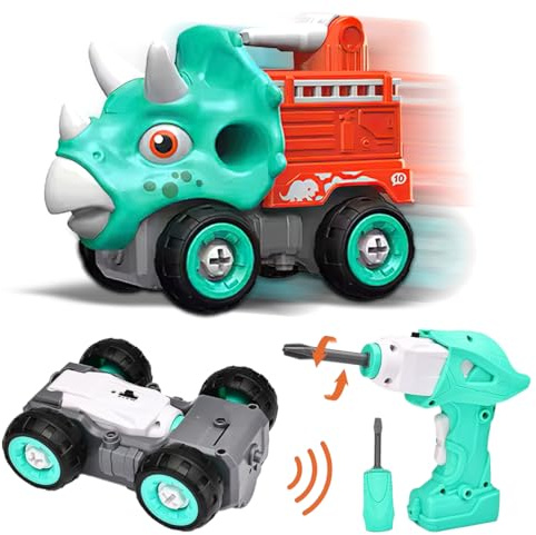 Xwin 32 PCs Take Apart Dinosaur Truck Toy with Electric Drill, 2-in-1 Remote Control Dinosaur Fire Engine, DIY Construction RC Vehicle Building Set for Kids Boys Girls 3+ Years