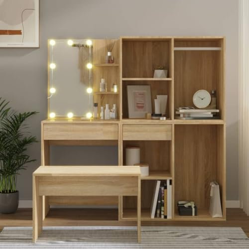 Haushaltsartikel, Frisiertisch-Set mit LED Sonoma Eiche Holzwerkstoff, Anzugmöbel