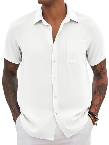 COOFANDY Hemd Herren Kurzarm Sommerhemd Herren Kurzarm Regular Fit Hemd mit Brusttasche Weiß S