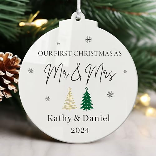 Personalised First Christmas as Mr and Mrs 2025 Tree Decorations 1st Christmas Baubles Gifts Xmas Gifts Custom Christmas Ornaments for Men Married Engaged New Couple Wife (Design 2, Round)