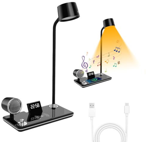 Schreibtischlampe LED Dimmbar, USB Tischlampe mit 10W Wireless Charging und Touch Steuerung, 3 Farben Augenschutz Bürolampe Tischlampe Weihnachten Geschenk Kinder mit Uhr für Schlafzimmer Lektüre Büro