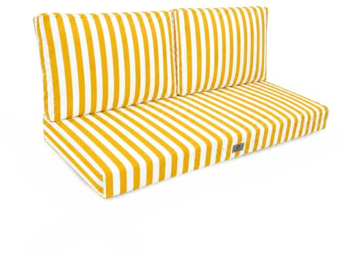 Déco Arts — Lot de 3 Coussins Déhoussables Salon Jardin 120x60 — Assise 120x60 + 2 Dossiers 60x35 cm — Imperméable Anti-UV — Remplacement Mobilier Jardin Terrasse Balcon Véranda — Rayures Jaunes