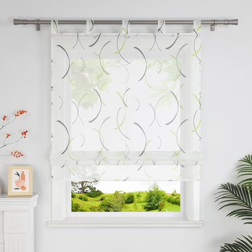 Heichkell Transparente Raffrollo Rollo mit Wellen Druck Raffgardine ohne Bohren Moderne Gardine Raffrollo mit Schlaufen Grün BxH 80x140 cm