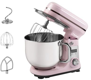 Bestron Küchenmaschine, Super Silent (65db) 4-1 Küchenmaschine mit DC-Motor, 6 Liter Rührschüssel, inkl. Knethaken, Rührbesen und Teigschläger, 6 Geschwindigkeitsstufen + Pulsefunktion, Farbe: Rosa
