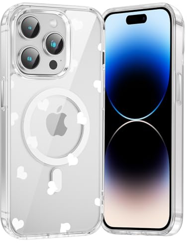 Saqmkil Handyhülle für iPhone 14 Pro Hülle für Magsafe mit Herz Muster | Aesthetic Weiß Motiv Mädchen Magnetische Case, Transparent Weich Silikon Dünn TPU Stoßfeste Schutzhülle Cover 6,1