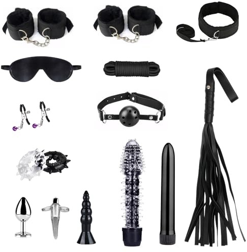 Ninonly Kit BDSM 15 Piezas para Principiantes y Experimentados,Negro | SM Bondage Kit, Juguetes Sexuales, Perfecto para Parejas, BDSM Restraints Kits con Esposas