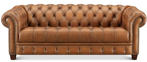 Hydeline York Leather Chesterfield Sofa, 88.5 inches, Tufted Top Grain Leather, Saddle Brown. Memory Foam and Springs Seating