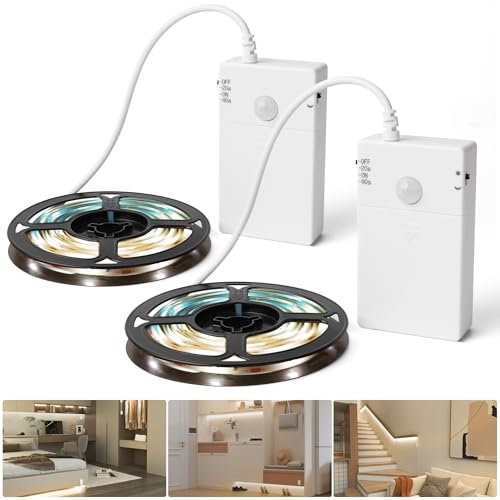 SOAIY 2x2M Motion Sensor LED Strip Lights with Battery Box, Warm White 2400K Under Bed Lighting - Wireless Auto On/Off Closet Lights for Stairs, Cabinet, Wardrobe & Nighttime Ambiance (2-Pack)