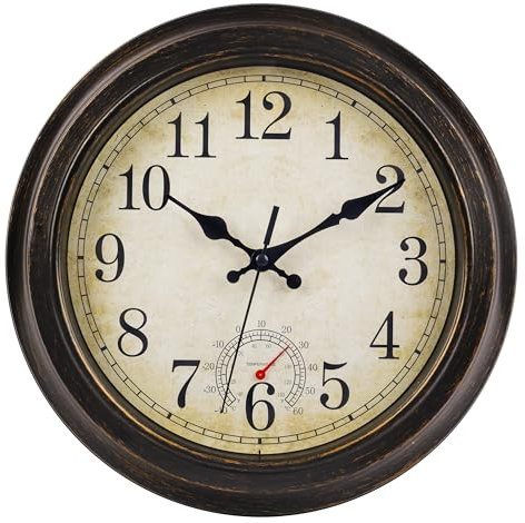 jomparis 30CM Outdoor Wanduhr mit Thermometer Außen wanduhr Wasserdicht und Wetterfest für Garten Terrasse Pool Patio(Bronze)