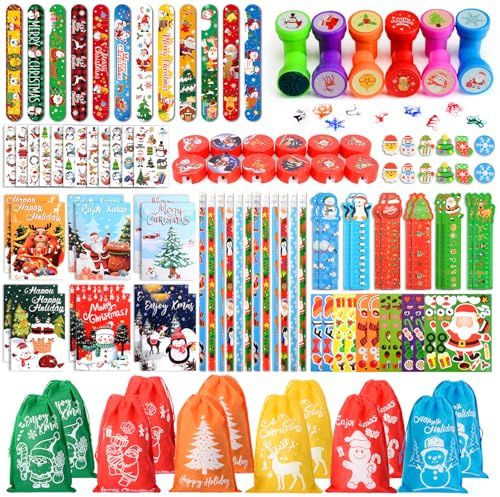 Weihnachten Mitgebsel Kinder, 120 Stück Weihnachten Schreibwaren Set | Weihnachten Party Mitgebsel mit Notizbücher, Stempel, Bleistifte, Weihnachtsgeschenke Kindergeburtstag, Goodie Bag Füllstoffe