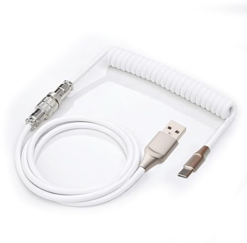 XINZHIZHU USB C Coiled Keyboard Cable 1.8m Type-C To USB A HyperSpeed Line TPU Mechanical Wire with Detachable Metal Aviator Connector for PC Winded Gaming Laptop Keyboard(White)