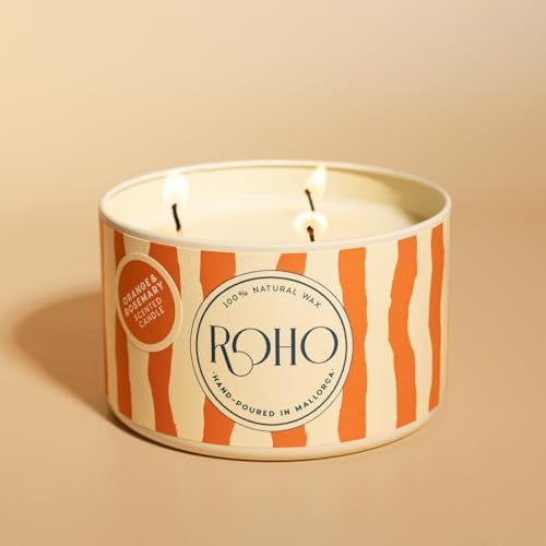 ROHO Airdeco Duftkerze – Orange & Rosmarin (Stripes), Handgemacht auf Mallorca, Natürliche Inhaltsstoffe, lange Brenndauer, Phthalatfrei, Perfekte Geschenkidee, 360g