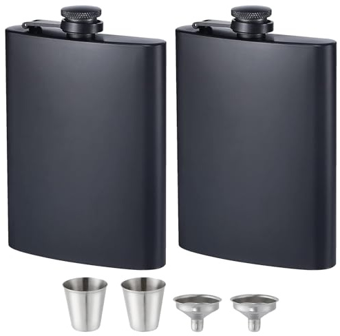 TQIOQIY 2 Pack Hip Flask Set, 8 Oz Stainless Steel Black Hip Flasks for Liquor Matte with 2pcs Funnels and Cups for Wedding Party, Groomsman, Bridesmaid, Gift