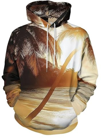UOMSKTY Unisex 3D Druck Hoodie Herren Damen Kapuzenpullover, Palmen Sonnenuntergang Langarm Pullover Strand Pflanzen Sweatshirt Mit Tasche, S-6XL Übergröße Paare Hoodies Herbst Winter