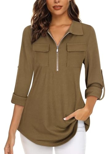 Gemulate Ladies Tops Long Sleeve Tops for Women 3/4 Sleeve Half Zip Blouse Dressy Top for Women UK Polo Shirts Going Out Top V Neck Work Shirts Loose Fit Tunic Top Light Brown M