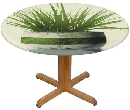 HEBSDFG Runde Tischdecke mit Gras-Topfblatt-Druck, Größe S (122 cm Durchmesser), Polyester, wasserdicht, elastischer Rand, Tischdecke für runde Tische, zum Essen drinnen und draußen und als Geschenk