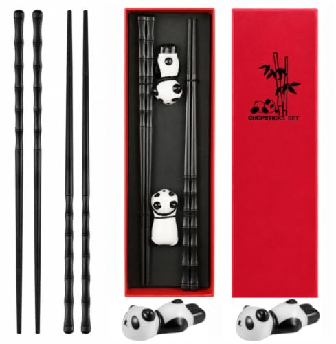 Rayakt 2 Pairs Fiberglass Chopsticks Set, Reusable Panda Chopstick with Ceramic Panda Rest, Dishwasher Safe Chop Sticks for Sushi, Noodles, Ramen, Rice, Gift Box Set for Food Lovers