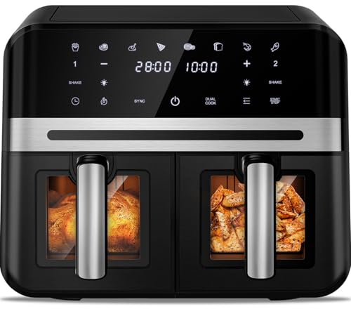 Fukstern Airfryer,Heissluftfritteuse mit Sichtfenster,Heißluftfritteuse 2 kammern,Match & Synchronisierungsfunktion,Spülmaschinenfeste Körbe,Heissluftfritteuse Doppelkammer 9L,Air fryer 8 Programme