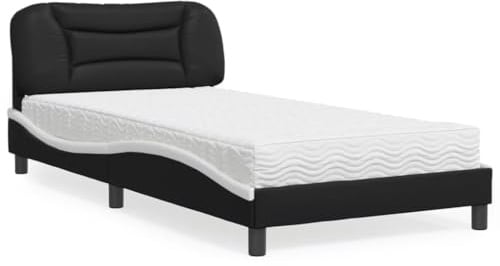 YunCangg Säng med madrass Hvar svart vit 100 x 200 cm konstläder metallram huvudgavel bekväm sömn med vändmadrass H2 H3 modern sovrumslösning