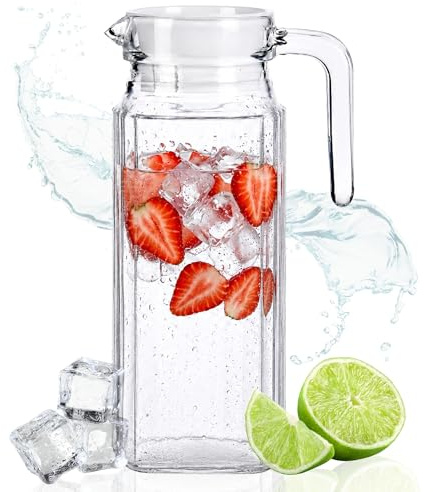 Jarra de Vidrio 1 Litro con Tapa, Jarra de agua de cristal para Nevera y Mesa, para Agua, Zumos, Leche e Infusiones, Diseño Compacto para Cocina, Hogar y Oficina. (x1, 1 litro)
