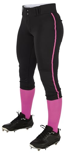 Champro Tournament Women?s Traditional Low Rise Softball Pant with Contrast-Color Braid Piping, Black,Pink, Large
