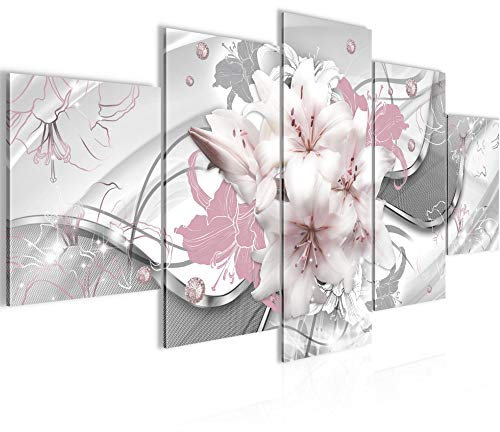 Runa Art - Tableau Lis Fleurs 200 x 100 cm 5 Parties XXL Decoration Murale Dessin Rose Gris 016151b