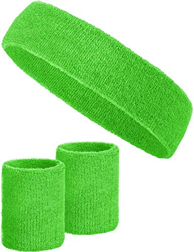 3-teiliges Schweißband-Set mit 2X Schweißbändern für die Handgelenke + 1x Stirnband für Damen & Herren (Grün)