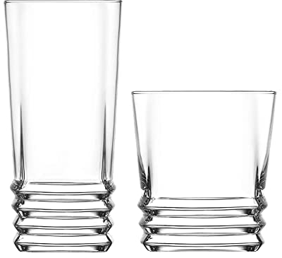 LAV 12pc Clear Elegan Glassware Set - Mixed Glass Highball Cocktail Gin Glasses and Water Whiskey Drinking Tumblers