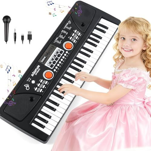 M SANMERSEN Piano pour enfants, clavier de piano à 49 touches avec microphone, entrée auxiliaire, affichage LED, piano pour enfants, batterie Li-ion intégrée, jouets éducatifs musicaux pour filles et