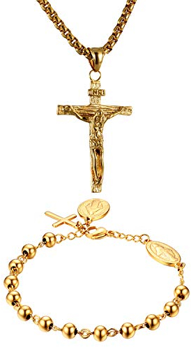 Cupimatch Kreuz Schmuck Set Gold Jesus Kreuz Anhänger Kette Jungfrau Maria Rosenkranzkette Armband Armkette Geschenk für Herren und Damen