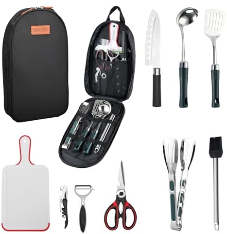 Camping Küchenhelfer Set, ISFORU 10PCS Camping Kochgeschirr Küchengerät Set mit Santokumesser Küchenscher Pfannenwender Zange Schöpflöffel Schneidbretter idea für Picknick Reisen Wandern