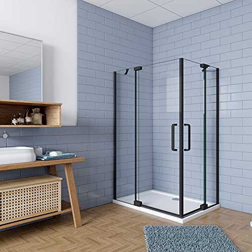 Mampara de ducha Angular,90x80x195cm, con antical,perfilería negra mate,estilo industrial,Cristal templado de 8 mm,incluye barra de soporte 30 cm