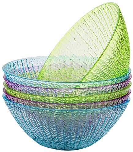 Frcctre Set of 6 Mixing Bowls, 96 Oz Neon Color Salad Bowl, Hammered Serving Bowls, 10 Inch Round Large Plastic Bowls for Party, Snack, Chip, Popcorn