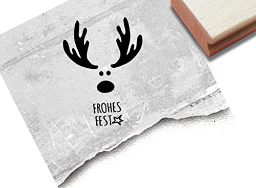 Stempel Weihnachtsstempel Red Nose Elch, Frohes Fest - Textstempel Weihnachten Rentier Karten Geschenkanhänger Basteln Weihnachtsdeko - zAcheR-fineT (mittel ca. 43 x 58 mm)